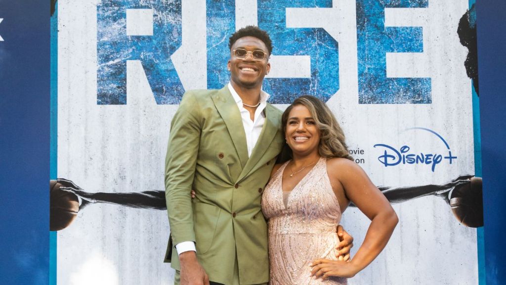 Giannis Antetokounmpo and Mariah Riddlesprigger attend the Disney+ "Rise" Los Angeles Premiere