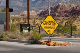 A Extreme Heat warning at the entrance to Red Rock Canyon in Las Vegas during a summer heatwave