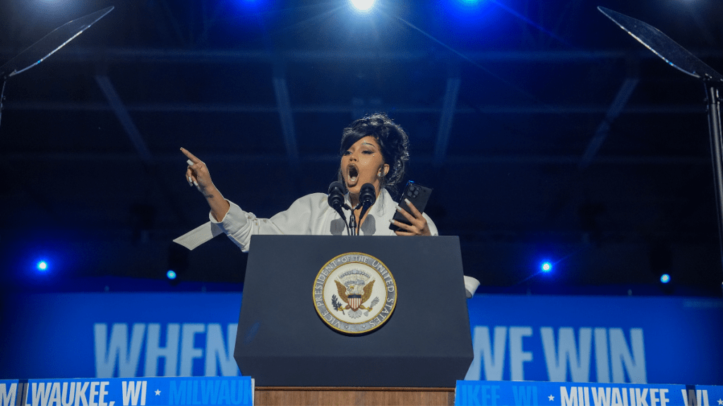 Cardi B speaks during a campaign rally for Democratic presidential nominee, U.S. Vice President Kamala Harris at the Wisconsin State Fair Park Exposition Center on November 1, 2024 in West Allis, Wisconsin.