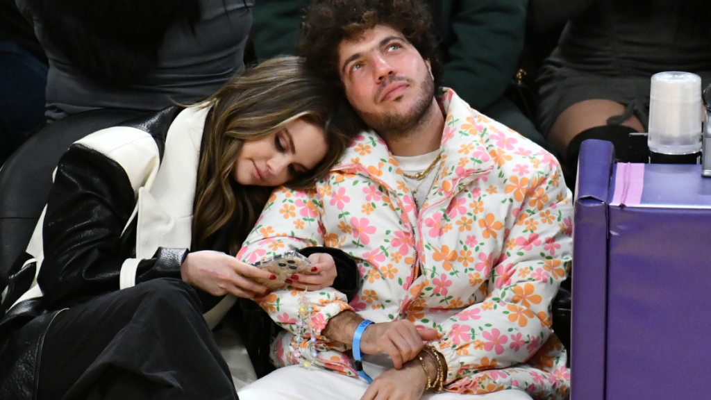 Selena Gomez and Benny Blanco attend a basketball game between the Los Angeles Lakers and the Miami Heat at Crypto.com Arena on January 03, 2024 in Los Angeles, California.