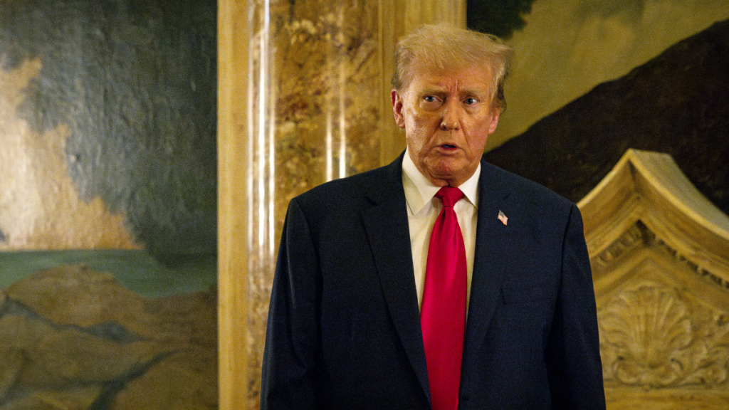 U.S. President Donald Trump speaks to reporters during a dinner at Mar-a-Lago on June 5, 2024 in West Palm Beach, Florida.