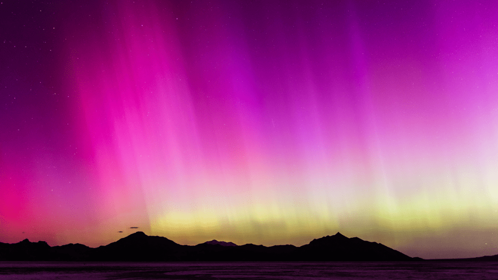 A geomagnetic storm lights up the night sky above the Bonneville Salt Flats on May 10, 2024 in Wendover, Utah. Places as far south as Alabama and parts of Northern California were expected to see the aurora borealis, also known as the northern lights from a powerful geomagnetic storm that reached Earth.