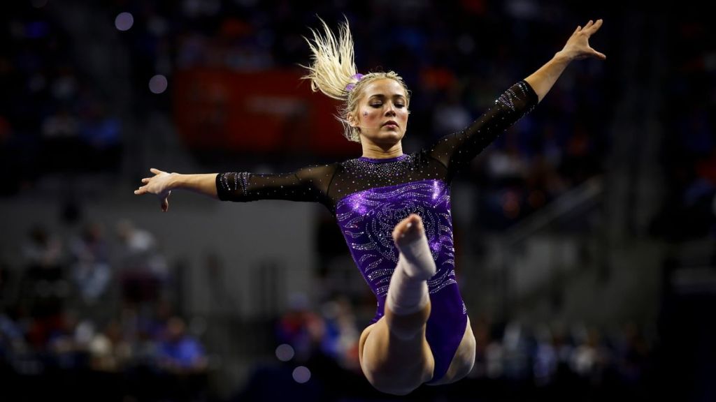 Olivia Dunne of the LSU Tigers competes during a meet against the Florida Gators at the Stephen C. O'Connell Center on February 23, 2024 in Gainesville, Florida.